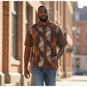 Stacy Adams Men's XL Brown Retro Geometric Knit Polo Shirt Short Sleeve